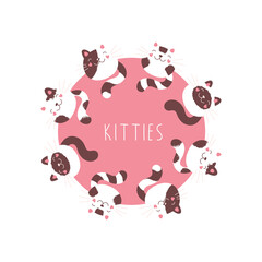 Fototapeta na wymiar Cute fluffy kittens on a pink circle. Vector frame, print, stickers. Isolated on white background.