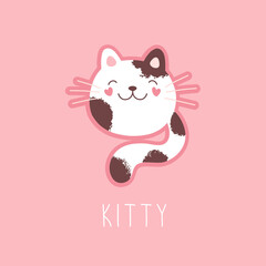 Cute spotted kitty, girly print for t-shirt, sticker. Isolated vector illustration on a pink background.