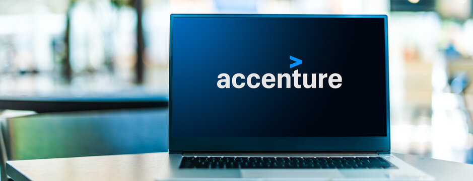 Laptop computer displaying logo of Accenture