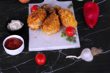 
Delicious homemade crispy fried chicken with sauces on black marble background