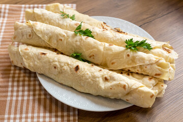 Traditional, local Turkish food; cheese pastry wrap (Turkish name; Sikma)