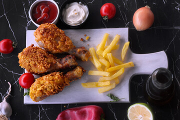 
Delicious homemade crispy fried chicken with sauces on black marble background