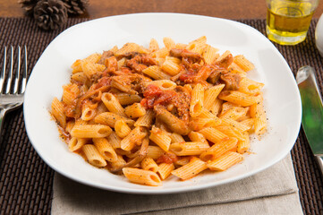 italian pasta penne whit mushrooms and tomato sauce vegan e vegetarian  dish