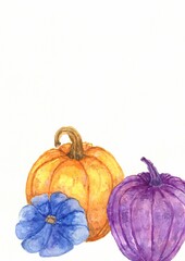watercolor illustration of  blue, orange and purple pumpkins isolated on a white background.Postcard for Thanksgiving and Halloween
