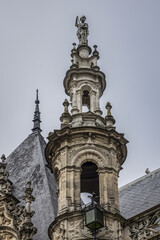 Fototapeta na wymiar Architectural fragments of Benedictine Palace (Palais de la Benedictine, 1852) - neo-Gothic and neo-renaissance styles chateau. Fecamp, Seine-Maritime department, Haute-Normandie, France.