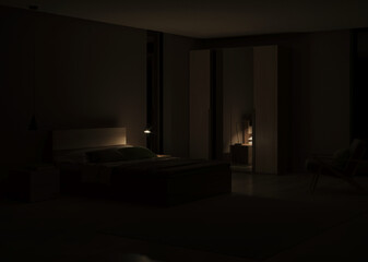 Modern bedroom interior. Night. Evening lighting. 3D rendering.