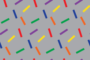 Seamless pattern with colorful sticks. Print for textile, gift wrapping paper, cards, web and design. Celebration style. Christmas presents, confetti. Gray background with color elements