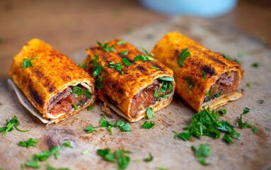 Delicious grilled meat wrap. Turkish foods.