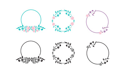 floral circles, rose wreath, frames with pastel and black designs