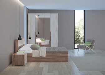 Modern bedroom interior. 3D rendering.