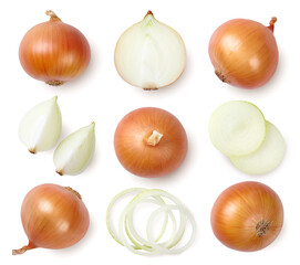 Whole and sliced onions isolated on white background. Top view. - obrazy, fototapety, plakaty