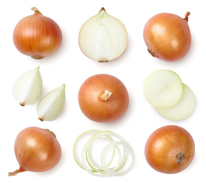 Whole and sliced onions isolated on white background. Top view.