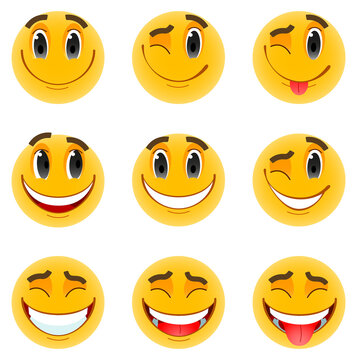 Set of smiling emoticons. Yellow faces, big eyes, and smiles. A variety of emotions. Vector image, on a white background, isolated.