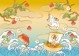 宝船と鯛と波のおめでたいイラスト