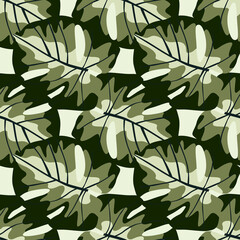 Simple stylized hawaii seamless monstera pattern. Pastel green leaves ornament on background with black and white strips.