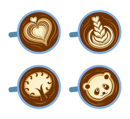 Set of coffee cups with drawings on coffee crema. Top view vector Illustrations isolated on a white background. Design element for logo, label,sign, emblem, badge.