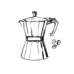 Mocha coffee pot. Vector sketch of food in ink on a white background.