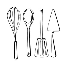 Kitchen tools. Whisk, spoon, spatula. Vector sketch of food in ink on a white background.
