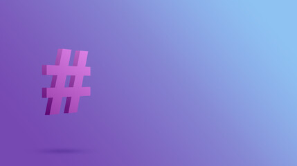 Hashtag online social media symbol. Purple Tag social concept. 3d render