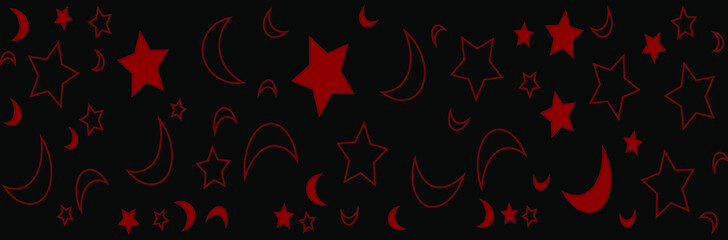 seamless pattern, black background with red star and moon