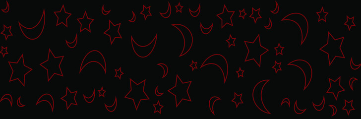 seamless pattern, black background with red star and moon