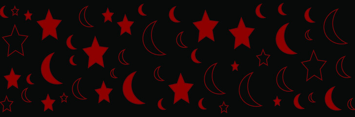 seamless pattern, black background with red star and moon