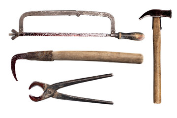 Set of bloody rusty vintage tools isolated on white background. Halloween horror, maniac work tool...