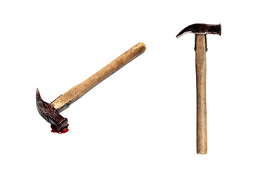 Rusty hammer with blood isolated on white background. Halloween horror, maniac work tool concept. 

