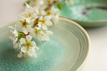 白いプラムの花と和食器