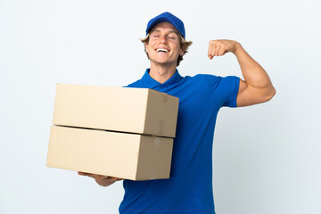 Delivery man over isolated white background doing strong gesture