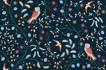 Vintage seamless fabric ornament with flowers and birds on dark blue background. Middle ages William Morris style. Vector illustration. - 385541321