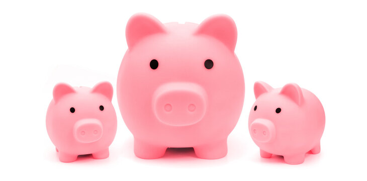 Money box piggy bank family on white background as financial saving concept