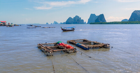 A view of fish nets around the settlement of Ko Panyi in Phang Nga Bay, Thailand