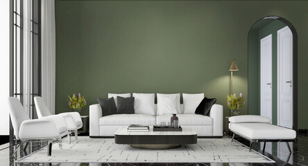 Modern cozy mock up interior design of luxury living room and green wall pattern background 