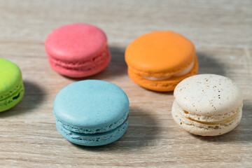 Cake macaron or macaroons on wood table background, Sweet and colorful dessert