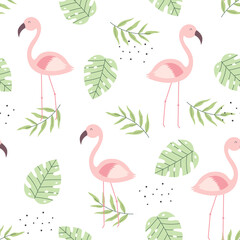 Seamless pattern Flamingo and leaves Hand drawn cartoon animal background in childrens style The design used for Print, wallpaper, fabric, textile Vector illustration