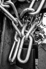 A chain of silver color with closed padlock on an old gate. Old locks.