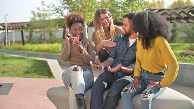 Four young friends - two black women, one white woman and a white man chatting and laughing in the park. multinational company of young people spend time together