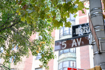 Fototapeta na wymiar A 5th Avenue street sign at 5th Avenue and 11th Street in Manhattan.