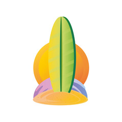 summer vacation travel, surfboard in sand ocean sun detailed style