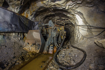 Loading machine EIMCO rocker shovel loader in underground gold mine