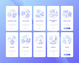 Fototapeta na wymiar Restaurant menu onboarding mobile app page screen with concepts set. National food variety. Full course meal walkthrough 10 steps graphic instructions. UI vector template with RGB color illustrations