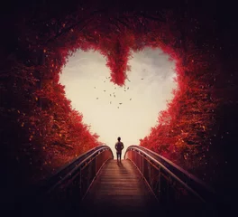 Folge deinem Herzenskonzept. Eine einsame Person, die sich im Herbstwald verirrt hat, hat den Weg aus dem Wald gefunden, als sie einen Pfad durch die herzförmigen Bäume geht. Surreale und magische Szene, rote Herbstfarben. © psychoshadow