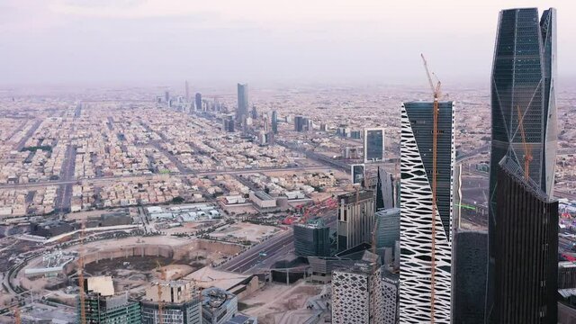 Skyline of Riyadh, SAUDI ARABIA behind King Abdullah Financial District in the morning / 4K