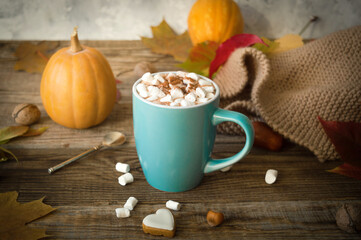 Hot cocoa with marshmallows in a blue ceramic mug with autumn leaves and pumpkins on a wooden table. The concept of hygge, cozy autumn, Thanksgiving, fall. Hot drinks.Autumn Still Life