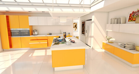 Food preparation in a modern orange kitchen
