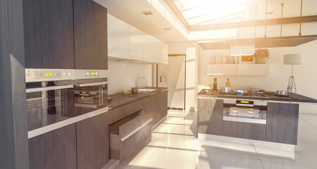 Industrial style domestic kitchen with glass roof in slate gray