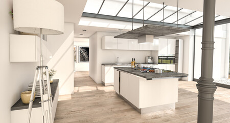 White industrial style domestic kitchen with skylight