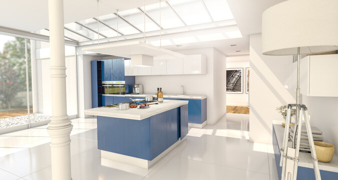 Industrial style domestic kitchen with skylight in blue and white