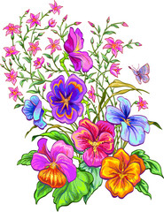 Vector floral composition of viola flowers